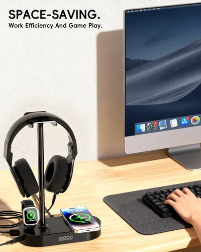 Miniatura 6 de COZOO Soporte para auriculares con almohadilla de carga inalámbrica rápida y 2 puertos de carga USB, adecuado para juegos, DJ, accesorios