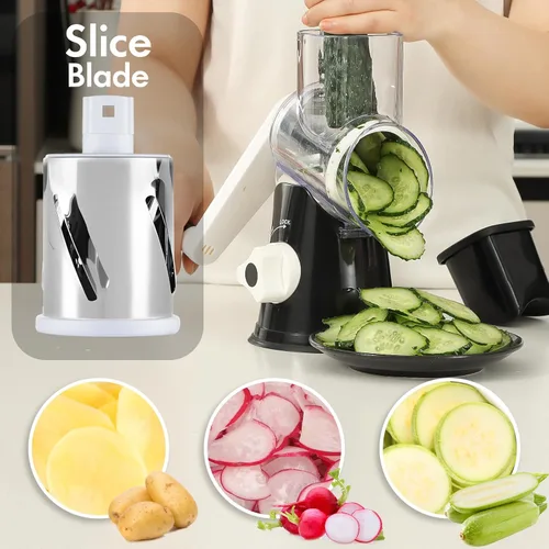 Miniatura 4 de Rallador de queso con manivela manual, triturador de verduras giratorio con asa y base de succión fuerte, rebanador de verduras de alta velocidad