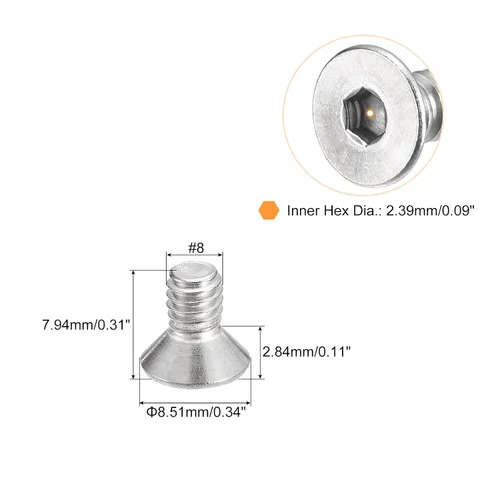 Miniatura 2 de uxcell #8-32x5/16 Tornillos de cabeza avellanada plana, 50 piezas de tornillos de cabeza plana de acero inoxidable 304 con llave hexagonal, rosca