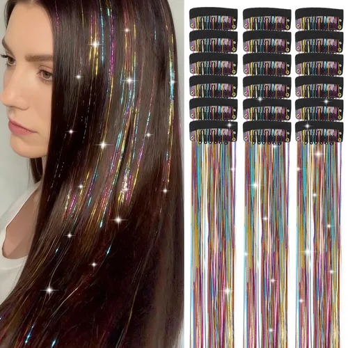 Miniatura 9 de Paquete de 12 extensiones de cabello de oropel con clip, 24 pulgadas, accesorios para el cabello de hada brillante para niñas y mujeres, fiesta
