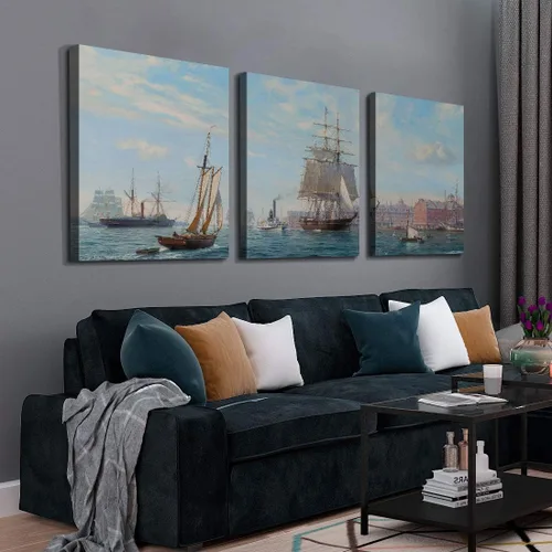 Miniatura 3 de Denozer - 3 paneles de impresiones artísticas en lienzo para pared - Barco de vela grande en pintura de paisaje oceánico Decoración moderna