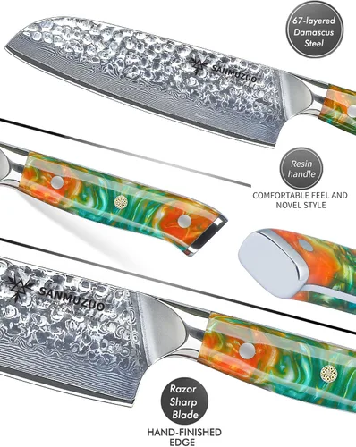 Miniatura 3 de Cuchillo Santoku de 7" - Cuchillo de chef japonés - Acero de Damasco martillado y mango de resina - Serie YAO