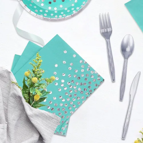 Miniatura 5 de Suministros de fiesta verde azulado y plateado, 140 piezas de vajilla desechable de lunares plateados, platos de papel verde azulado, servilletas
