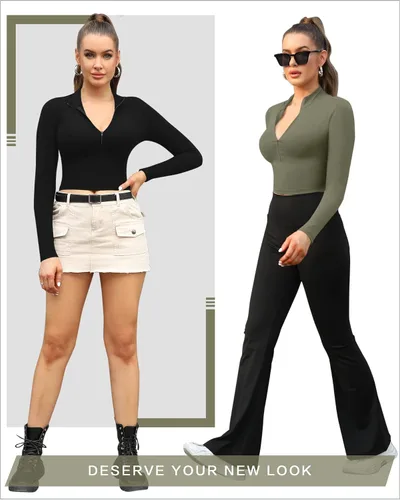 Miniatura 4 de CLOZOZ Camiseta corta de manga larga con forro polar para mujer, cuello alto falso para mujer, sexy, con cremallera, camisetas térmicas recortadas