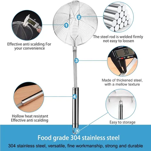 Miniatura 3 de Cucharón de acero para araña, colador de araña para cocina, cocina y freír, diámetro de la cuchara coladora de alta calidad: 5.4 pulgadas, longitud