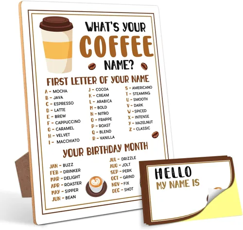 Decoración de fiesta de cumpleaños de café, juego de fiesta de café, ¿cuál es el nombre de tu café? Perfecto para actividades de fiesta de