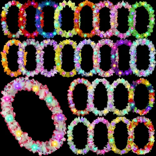 Miniatura 17 de Sherr 48 piezas Collares de leis hawaianas LED con luces LED, collares de flores de Luau para mascarada, playa, boda tropical, suministros