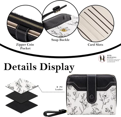 Miniatura 4 de BIAOTIE - Cartera para mujer con flores bonitas, con bloqueo RFID, tarjetero para tarjetas de crédito, monedero pequeño de dos pliegues