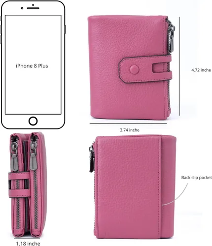 Miniatura 4 de Bveyzi Cartera pequeña de cuero suave para mujer, con bloqueo RFID, tarjetero con doble bolsillo con cremallera