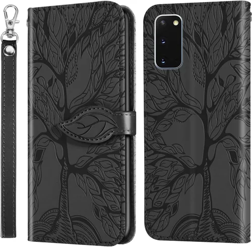 Funda tipo cartera para Samsung Galaxy S20, correa corta con cordón para Samsung Galaxy S20, funda de piel sintética tipo folio para S20 con Negro