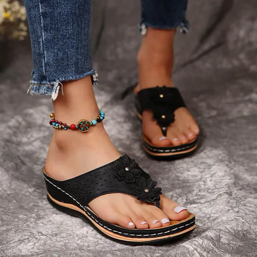 Miniatura 4 de Chanclas para mujer 2026, soporte de arco de flores, sandalias ortopédicas sin cordones con puntera abierta, bucle ajustable, sandalias de cuña