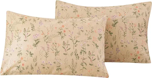 ECOCOTT Floral Pillowcases Standard Size Set of 2, 100% Washed Cotton Pillow Cases with Envelope Closure, Beige Botanical Wildflower Printed Pillow
