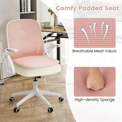 Miniatura 5 de COSTWAY Silla de oficina, cómoda silla giratoria de escritorio con altura ajustable y reposabrazos abatibles, sillas ergonómicas de malla para Rosa