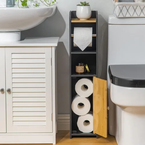 Miniatura 3 de AOJEZOR - Soporte de papel higiénico: gabinete pequeño de almacenamiento para baño - Negro - Bambú Blanco/Bambú