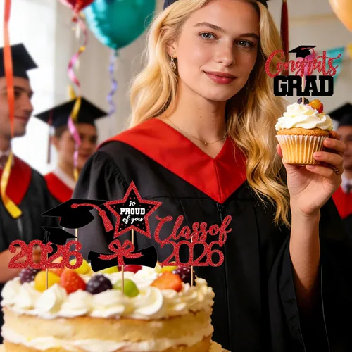 Miniatura 5 de 48 adornos para cupcakes de graduación, 6 estilos con purpurina, decoraciones de graduación en negro y rojo 2026, tapas y palillos para pasteles