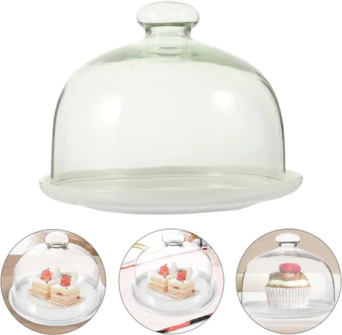 Miniatura 6 de Zerodeko Cúpula de cristal transparente de 6 pulgadas con bandeja de base de cerámica, mango de campana de cloche, vitrinas, vitrinas, centro