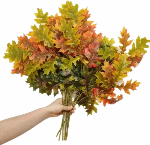 Miniatura 6 de 6 tallos de hojas de roble artificiales, ramas de árbol de roble sintético, plantas verdes para decoración floral de pared verde (amarillo) 29.5 in