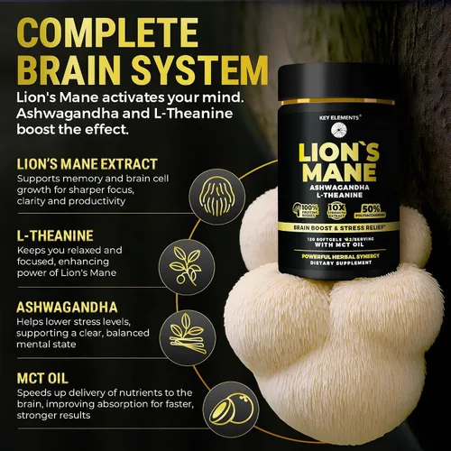 Miniatura 3 de KEY ELEMENTS Cápsulas orgánicas de suplemento de melena de león con aceite MCT para apoyo cerebral y enfoque relajado, extracto de melena de león