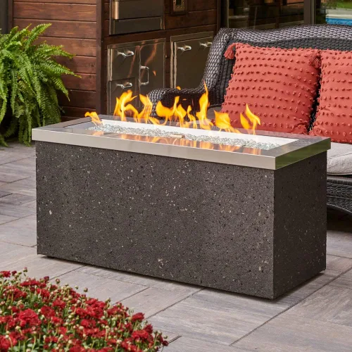 Miniatura 4 de Outdoor GreatRoom Co - Mesa para fogata de gas Key Largo para patio exterior, mesa rectangular de acero inoxidable de 48 pulgadas, base de estuco