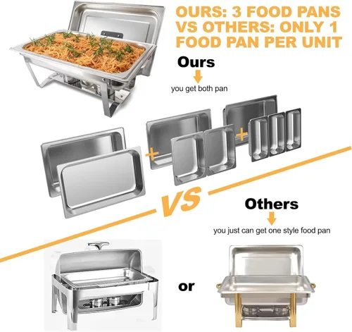 Miniatura 5 de Festa Essential Juego de 4 Platos de Roce para Buffet de Acero Inoxidable 5 QT Redondos y 8 QT Rectangulares, Calentadores de Alimentos con Bandeja