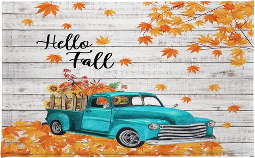 Miniatura 8 de Alfombra de baño con diseño de girasol amarillo otoñal y calabaza naranja sobre camión azul vintage, tapete de baño con texto en inglés "Hello