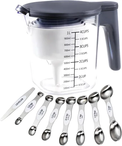 Miniatura 17 de Juego de 19 piezas de tazas medidoras y cucharas, incluye 10 tazas medidoras apilables con tapa y 9 cucharas medidoras magnéticas, cucharada para 19