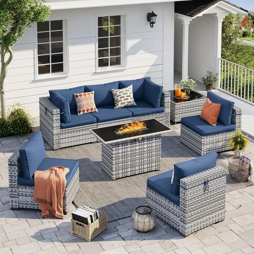Miniatura 13 de UDPATIO Juego de muebles de patio al aire libre, sofá modular de 7 piezas con mesa de té, juego de conversación al aire libre de mimbre PE para Azul