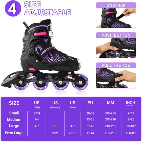 Miniatura 3 de Patines en línea para niñas y niños de 5 a 8 años, 8 a 12 años, ruedas iluminadas, tamaño ajustable, para niños, adultos, mujeres, exteriores Púrpura