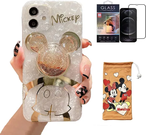 Miniatura 7 de Funda de dibujos animados para iPhone XR 6.1'' con protector de pantalla HD, Mickey Mouse con soporte para teléfono celular de arena movediza