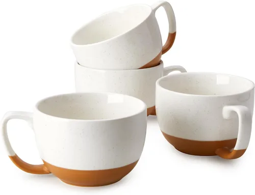 Teocera Juego de 4 tazas de café color beige, taza de café de cerámica de 16 onzas, juego de tazas grandes con asa para bebidas frías o calientes