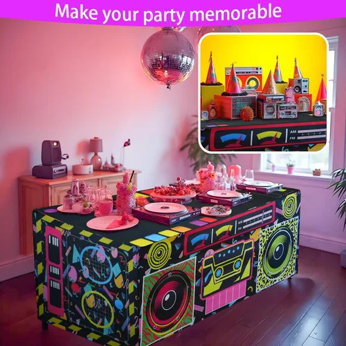 Miniatura 6 de Mantel de Mesa para Fiesta Temática de los 80 y 90 de 4 pies, Decoraciones de los 80 y 90 para Fiesta de Cumpleaños de Hip Hop de Vuelta a los 80