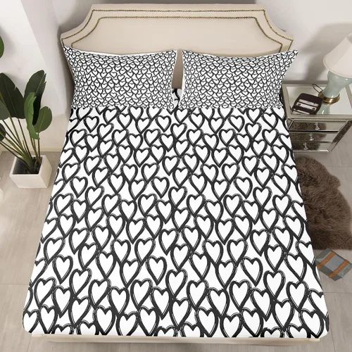 Miniatura 2 de Erosebridal Juego de sábanas de amor en forma de corazón, sábana bajera ajustable blanca y negra, sábana superior gris para niños y niñas