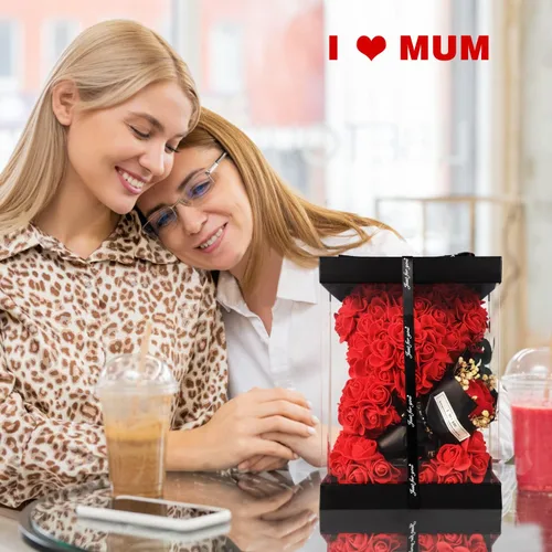 Miniatura 8 de Regalos de oso de rosas para mujer, rosa artificial de oso de rosas con collar I Love You, ramo de flores romántico, regalo para esposa, mamá