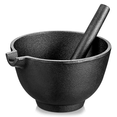 Velaze Juego de herramientas de mortero y maja de hierro fundido, maja de 6.5 pulgadas y mortero de capacidad de 3 tazas, molinillo de especias no