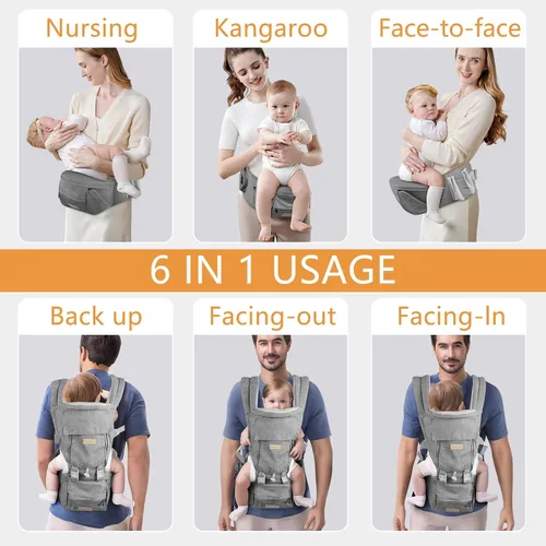 Miniatura 5 de Portabebés para recién nacidos a niños pequeños con asiento de cadera, suave 6 en 1 ergonómico para todas las posiciones, portabebés de 7-33 libras