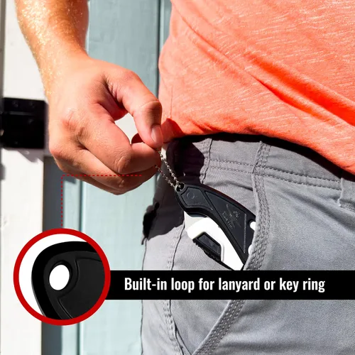 Miniatura 5 de Cuchillo de bolsillo plegable, cuerpo de plástico ABS resistente a la intemperie y al óxido, diseño ergonómico, agarre fuerte, llavero