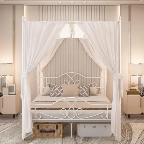 Miniatura 12 de Weehom - Estructura de cama con dosel individual, con cabecero y pie de cama, cortinas de cuatro postes de metal, diseño de plataforma de cama