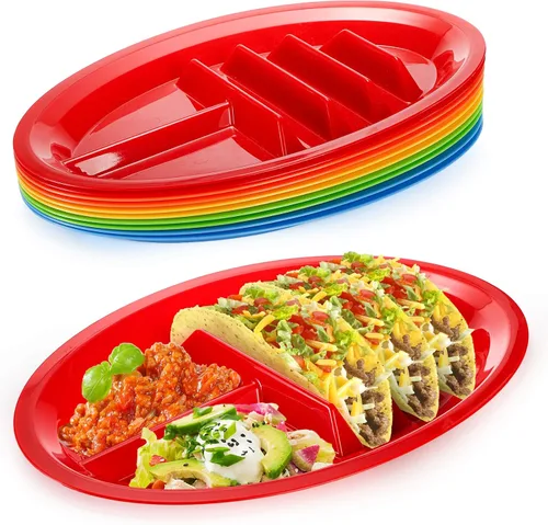 Bekith Paquete de 10 platos de plástico para tacos para fiestas, soporte grande para tacos con 2 áreas de inmersión, divisor de pie para 3 tacos,
