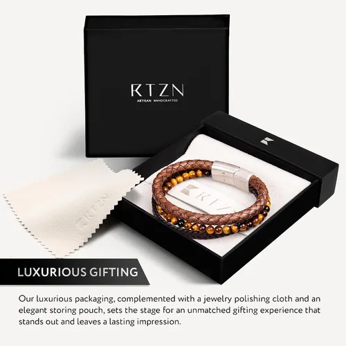 Miniatura 36 de RTZN® Brown Leather Bracelet for Men – Premium Artisan Handcrafted Mens Leather Bracelet – Multi-Stand Mens Bracelet Leather Collection Beaded