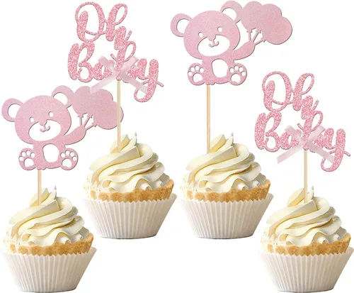 Miniatura 3 de 36 piezas de decoración de cupcakes con lazo rosa y azul para revelación de género, temática de niño o niña, decoración de cupcakes de papel