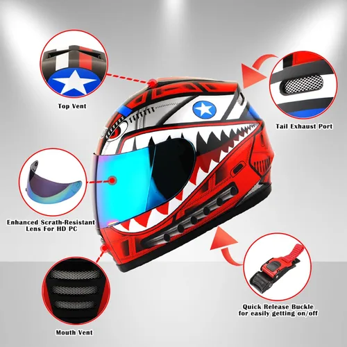 Miniatura 4 de WOW Casco integral para motocicleta, bicicleta urbana BMX MX para niños: HKYB15 Rojo tiburón
