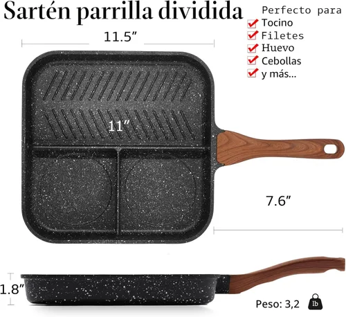 Miniatura 2 de Eslite Life Parrilla, sartén antiadherente dividida de 11 pulgadas para cocinar en interiores, versátil 3-en-1 de inducción, sartén grande