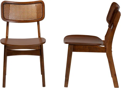Miniatura 5 de Baxton Studio Tafari Mid-Century - Juego de sillas de comedor de 2 piezas con acabado marrón nogal y ratán Marrón nogal/marrón claro