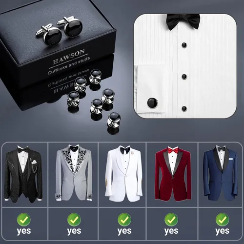Miniatura 4 de HAWSON Juego de gemelos y tachuelas de esmoquin para hombre con caja de regalo joyas o accesorios para hombre adecuados para traje negro, camisas