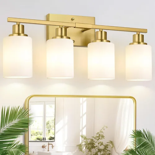 Miniatura 24 de Indoi Lámparas de baño de 4 luces, luces de tocador de níquel cepillado con pantallas de vidrio transparente, moderna lámpara de pared de baño