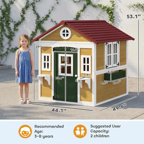 Miniatura 7 de Outsunny - Casa de juegos para niños al aire libre, casa de juegos de madera con puerta holandesa, ventanas, soportes para flores y cajas para niños