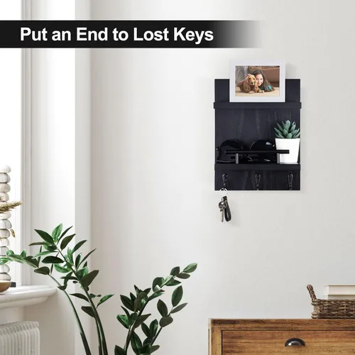 Miniatura 5 de Soporte de pared para llaves, decoración de estante de correo con 3 ganchos para llaves, organizador de pared de madera versátil para entrada