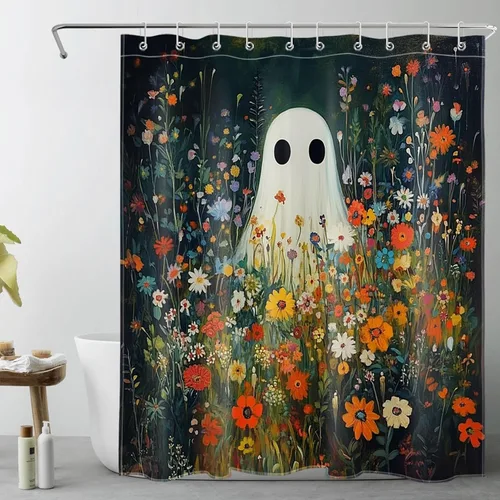 Miniatura 24 de Cortina de ducha de Halloween, cuervo negro, murciélago y árbol muerto en un bosque brumoso espeluznante con ganchos, cortina de baño de noche