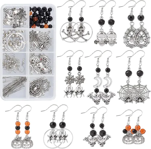 Miniatura 6 de SUNNYCLUE 1 caja de bricolaje para hacer 10 pares de aretes colgantes con temática de Halloween, kits de fabricación de joyas, calavera, calabaza