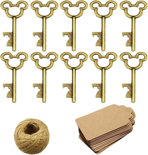 XONOR 50 piezas de abrebotellas de llaves de esqueleto vintage con 50 etiquetas de tarjeta de acompañante y cordel para decoración rústica de fiesta